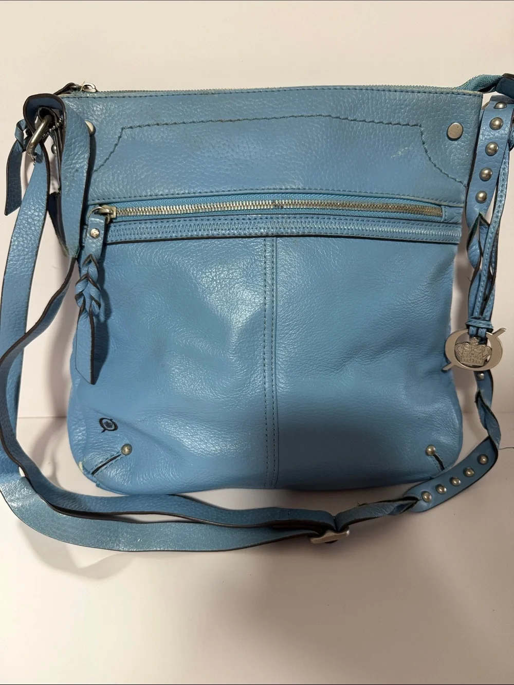 Born Light Blue Leather Crossbody Bag with Stud and Braided Accents